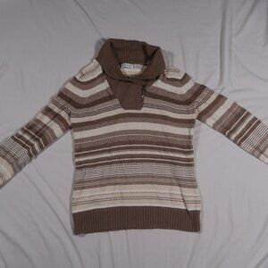 Liz Claiborne Beige Taupe Striped Pullover Sweater Women's Medium Cowl Neck